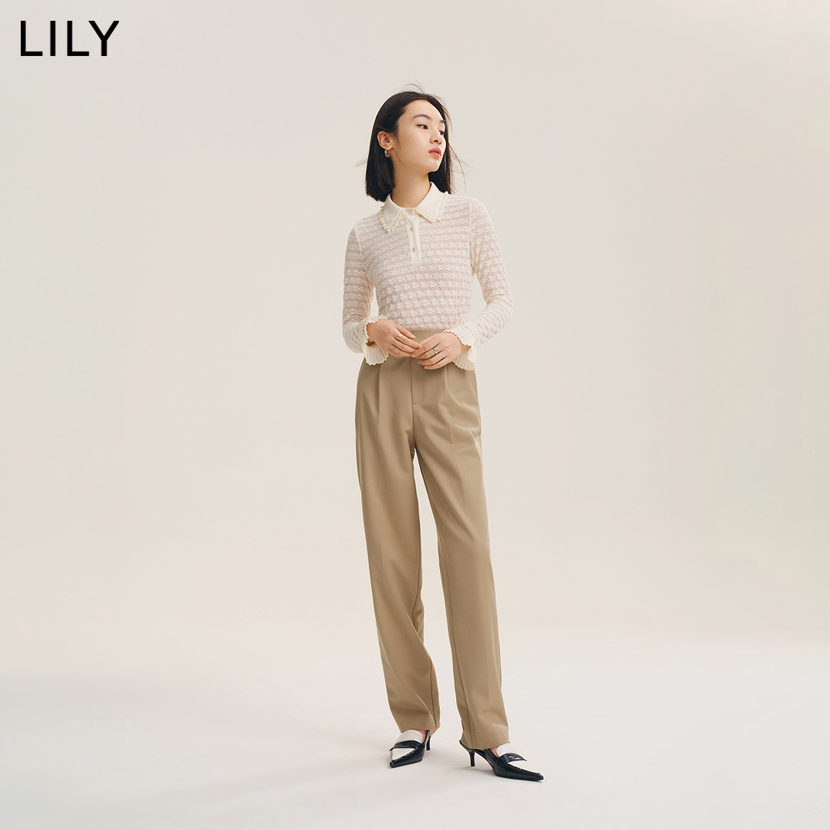 LILY2022秋新款女装黑科技保暖火山岩气质复古棕直筒西装休闲裤女 - 图1