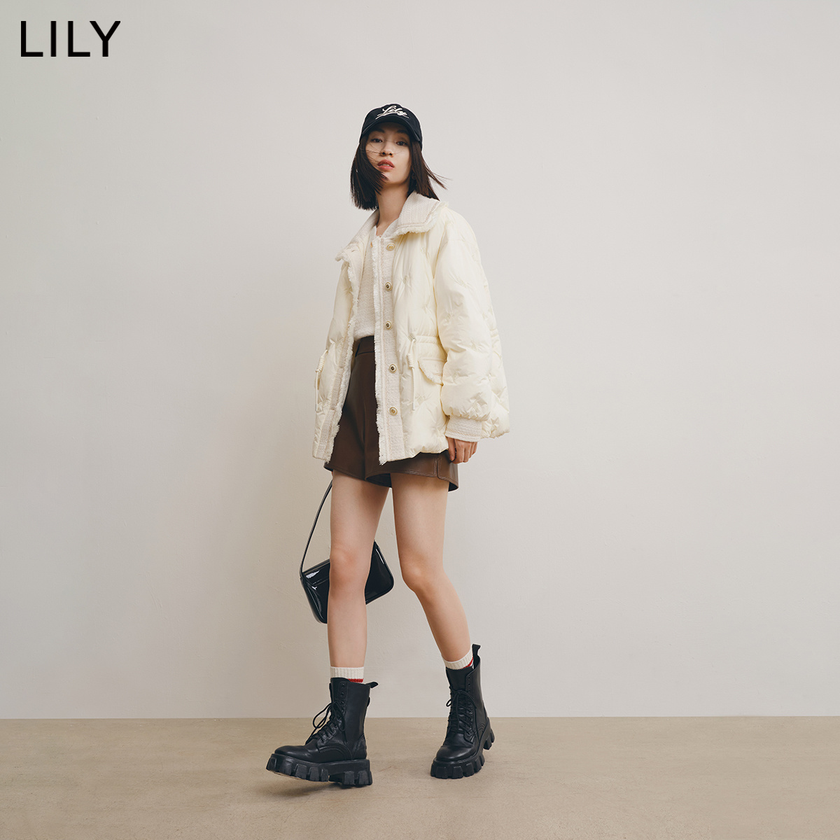 LILY2022冬新款女装复古优雅小香风气质毛呢拼接纯色款羽绒服外套-图1