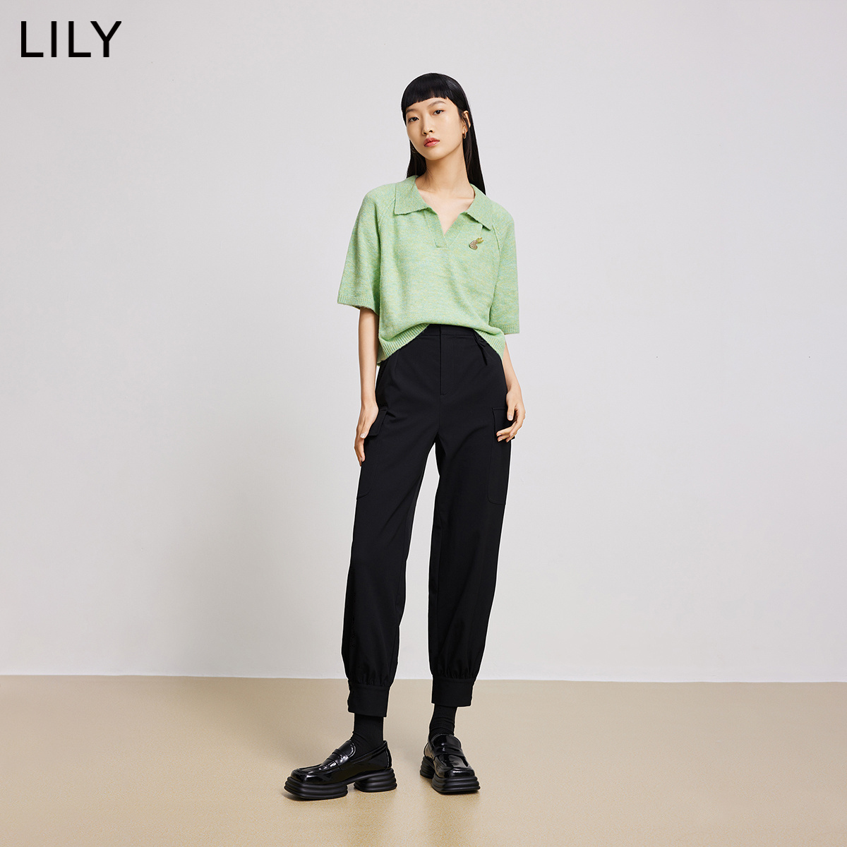 LILY官方旗舰店LILY2022春装新款复古POLO领绿色套头毛衫女爱心七分袖设计感毛衣1