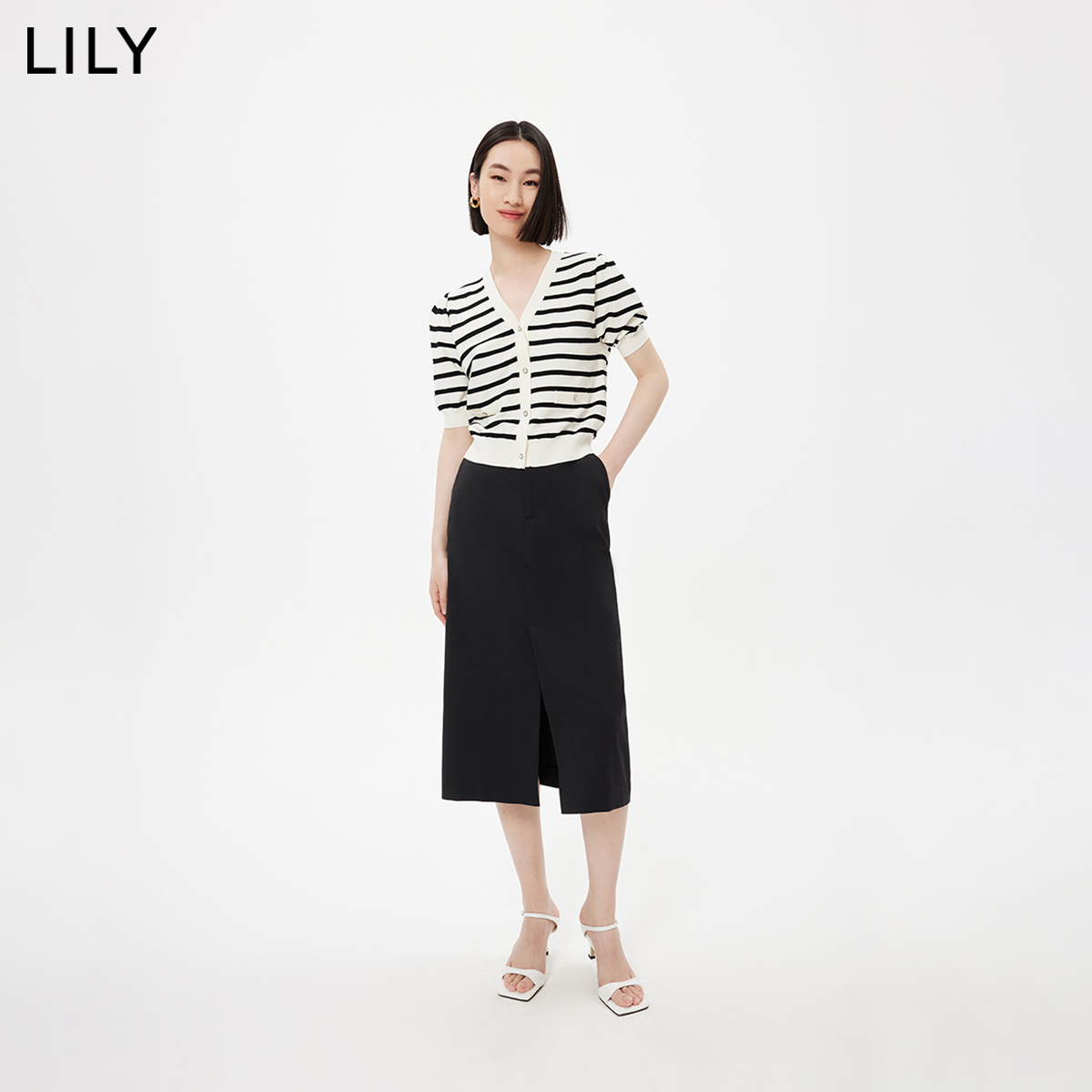 LILY2024夏新款女装时尚通勤款复古简约条纹优雅V领修身针织开衫 - 图2