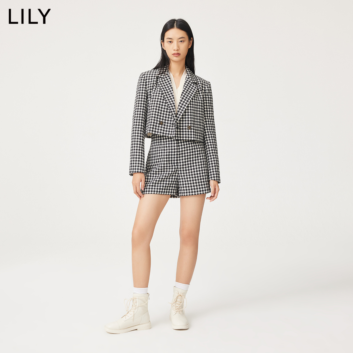 【商场同款】LILY2022秋新款女装复古格纹气质高腰休闲短裤 - 图1