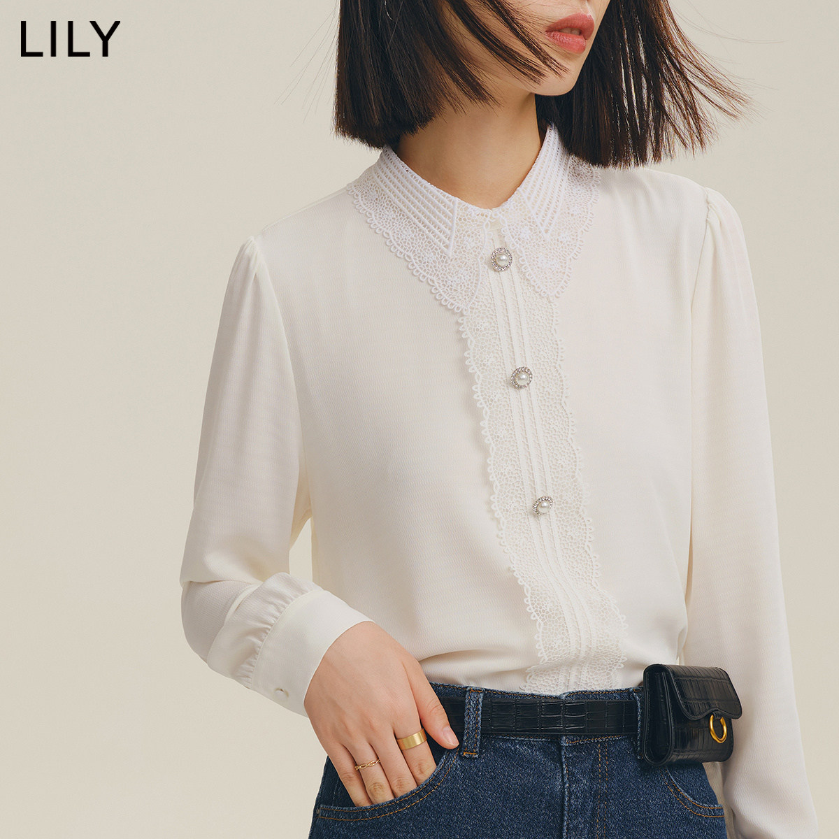 lily2022秋新款复古优雅蕾丝雪纺衫 LILY蕾丝衫/雪纺衫