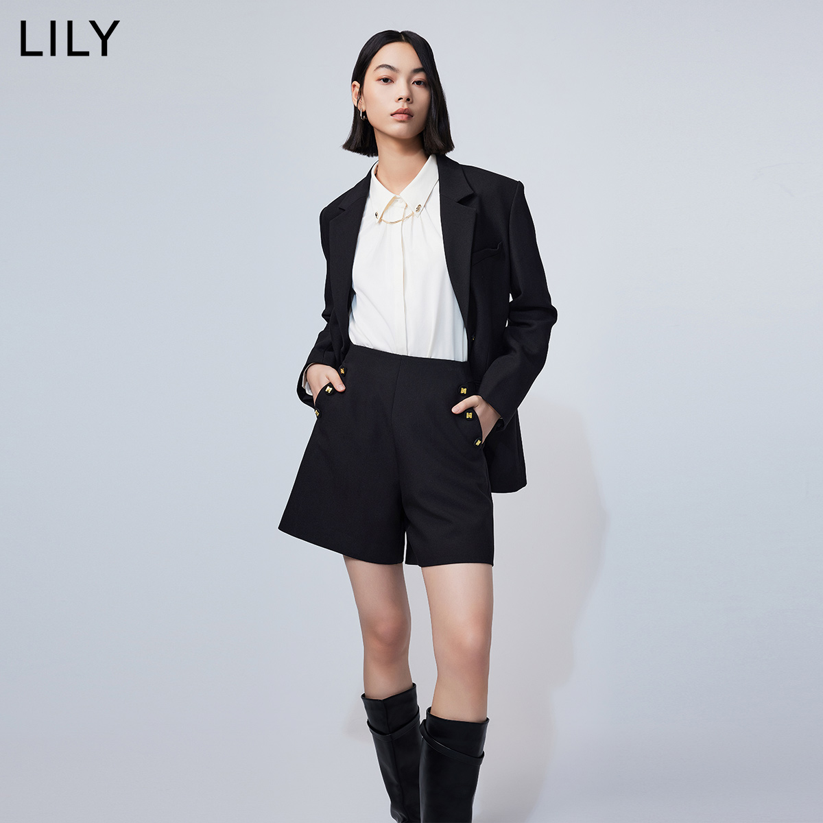 LILY2024春新款女装商务通勤时尚复古一粒扣修身休闲黑色西装外套 - 图3