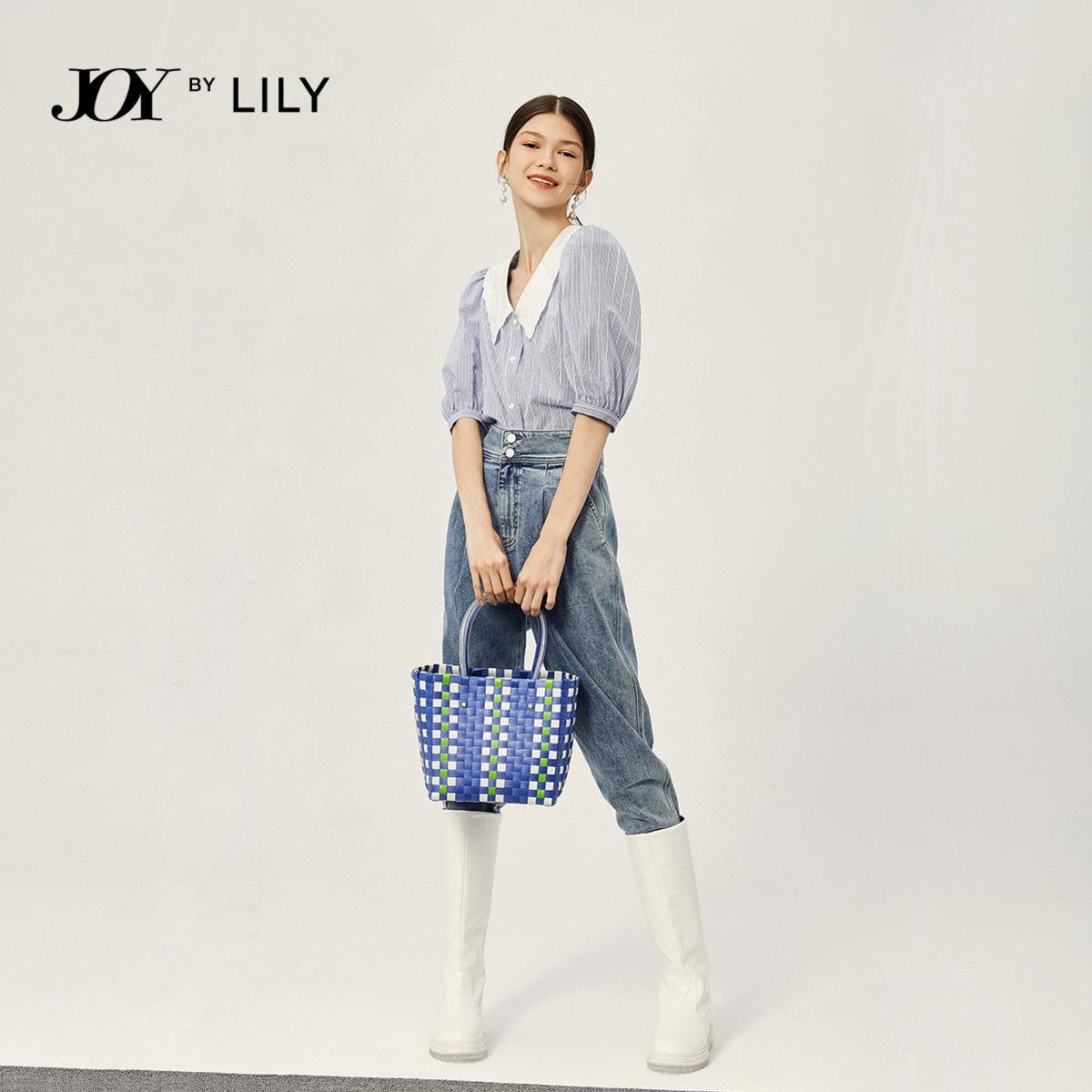 lily官方旗舰店LILY秋季新款女装法式复古蓝色泡泡袖绣花娃娃领条纹短袖衬衫1