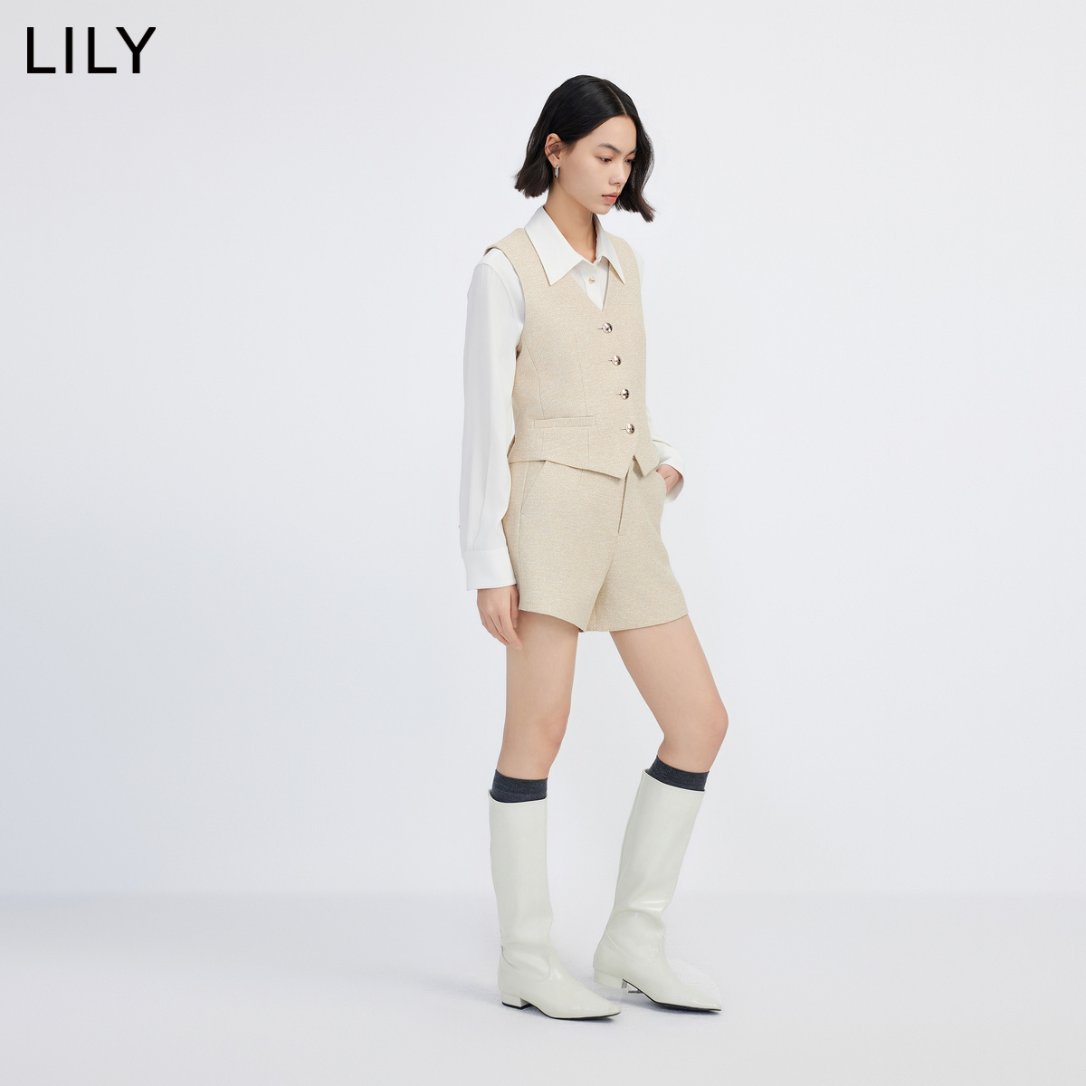 LILY2024春新款女装含亚麻多巴胺穿搭通勤款商务显瘦阔腿休闲短裤 - 图0