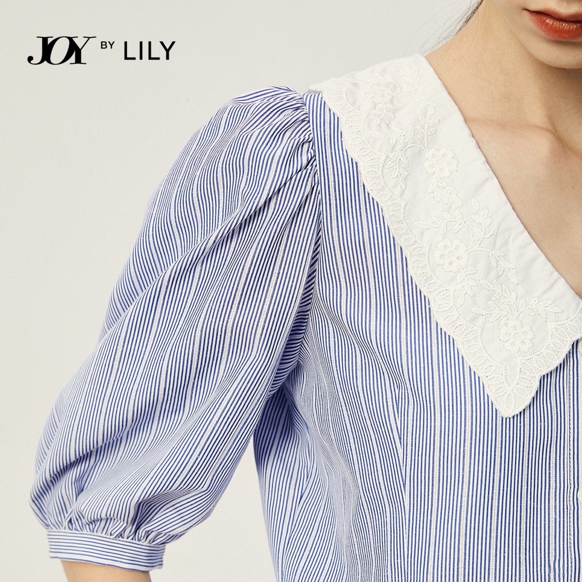 lily官方旗舰店LILY秋季新款女装法式复古蓝色泡泡袖绣花娃娃领条纹短袖衬衫2