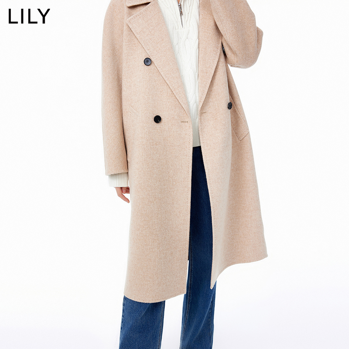 LILY2023冬新款女装零压感绵羊毛双排扣气质通勤驼色毛呢外套大衣