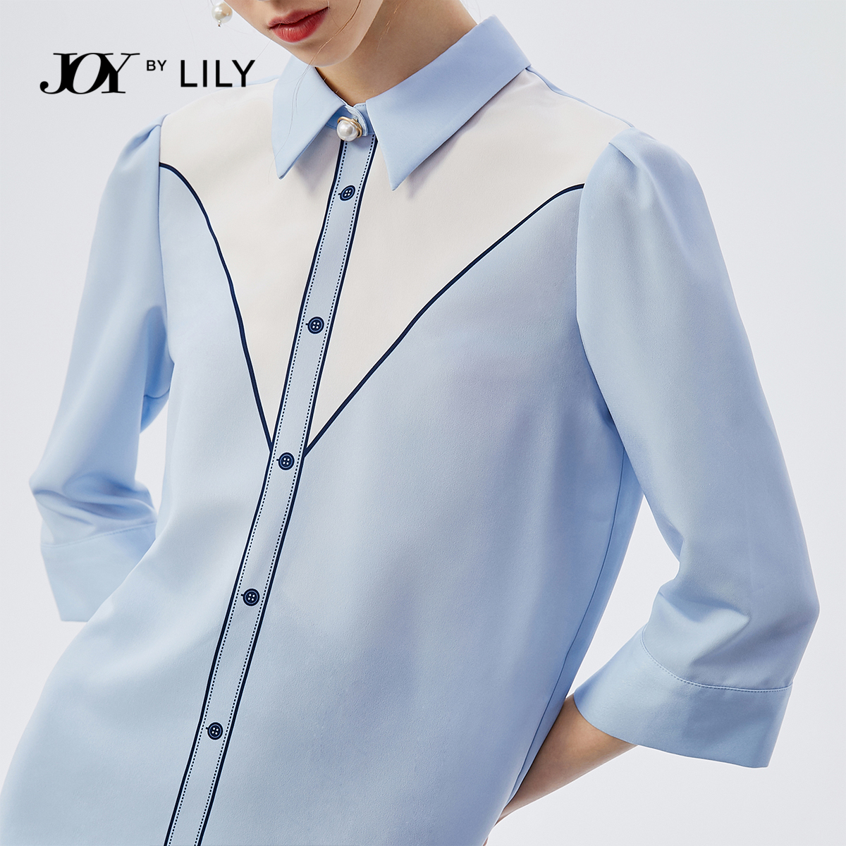lily官方旗舰店LILY秋季新款女装气质印花通勤宽松中袖蓝色套头雪纺衬衫2