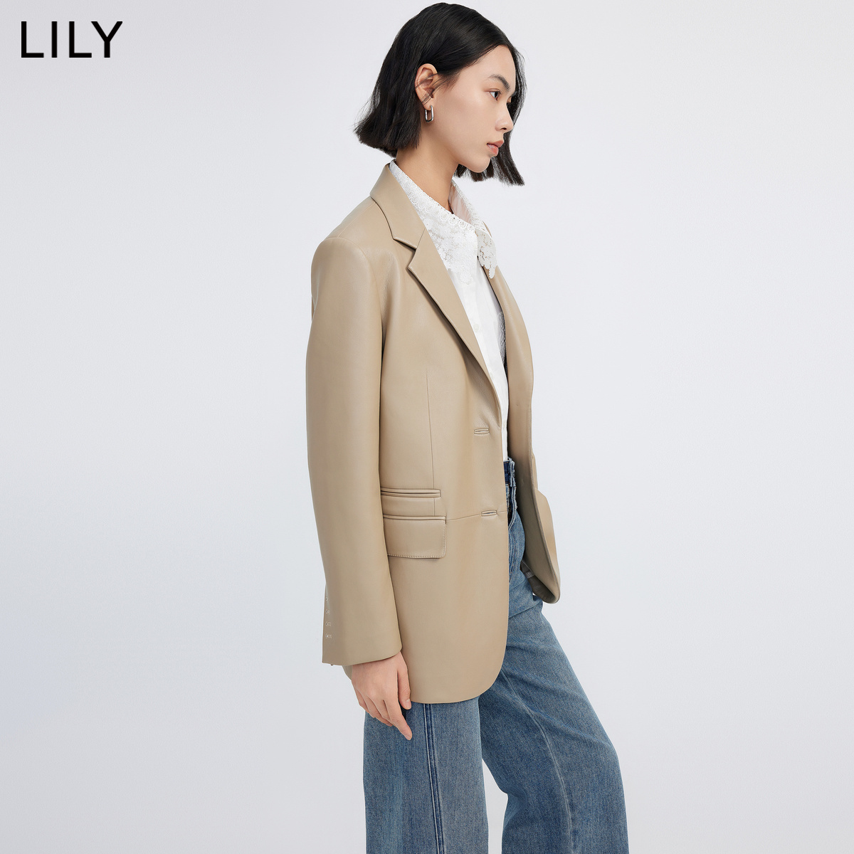 LILY2024春新款女装商务通勤气质时尚复古单排扣休闲PU皮西装外套 - 图2