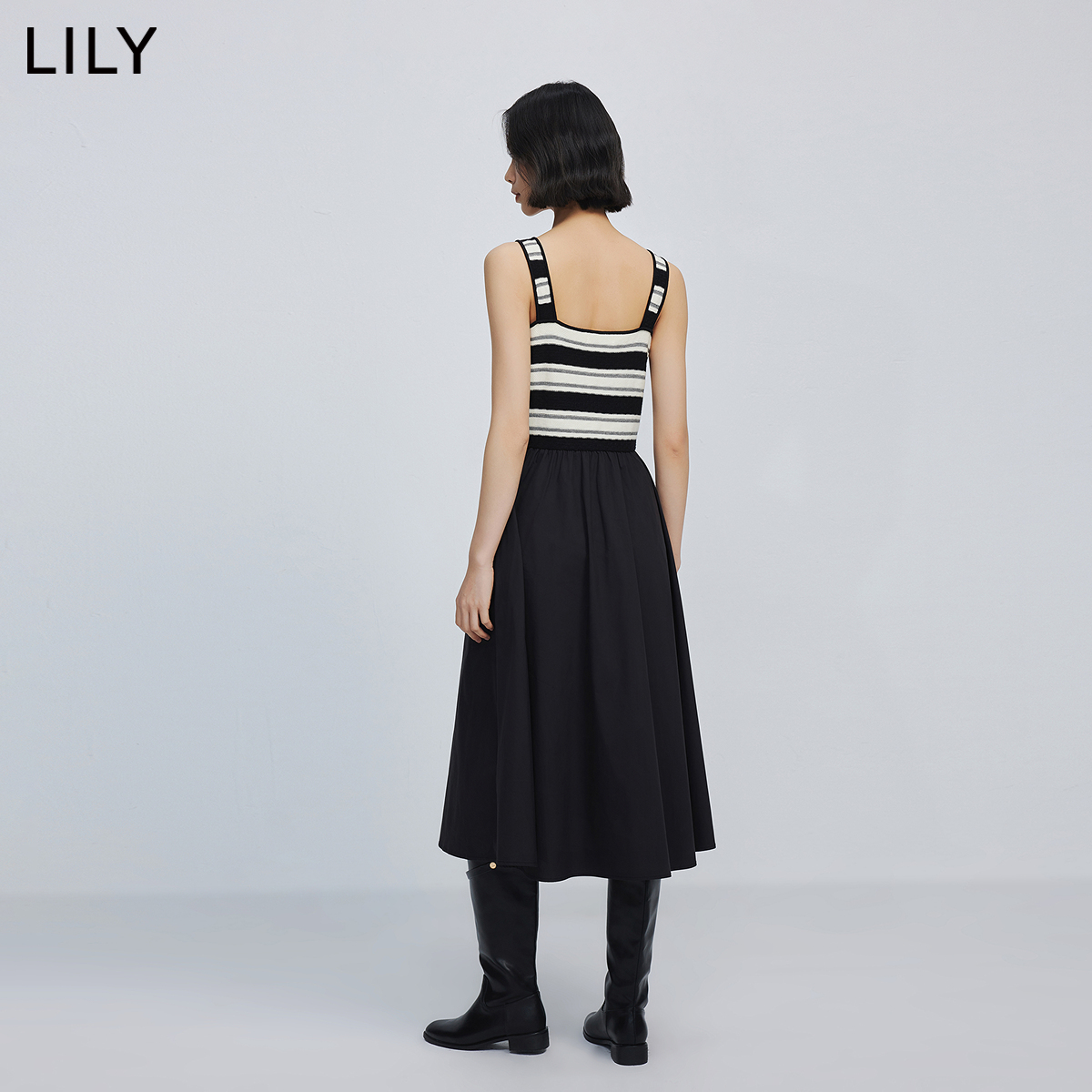 LILY2024春新款女装复古拼接条纹时尚通勤款优雅针织连衣裙小黑裙 - 图2