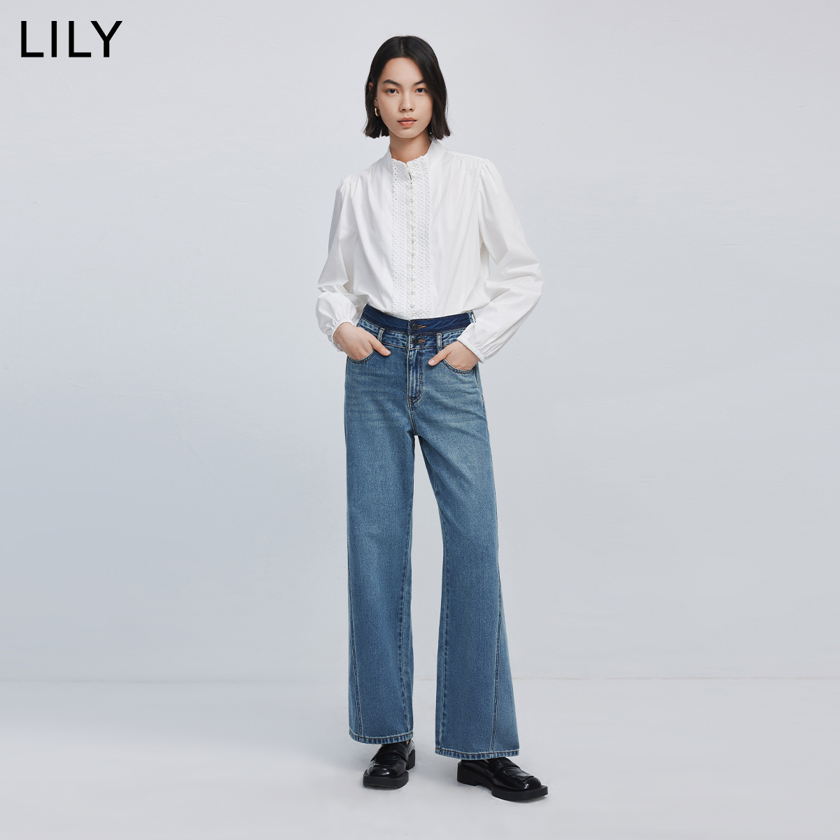 LILY2024春新款女装全棉休闲通勤时尚显瘦直筒阔腿高腰显瘦牛仔裤 - 图3