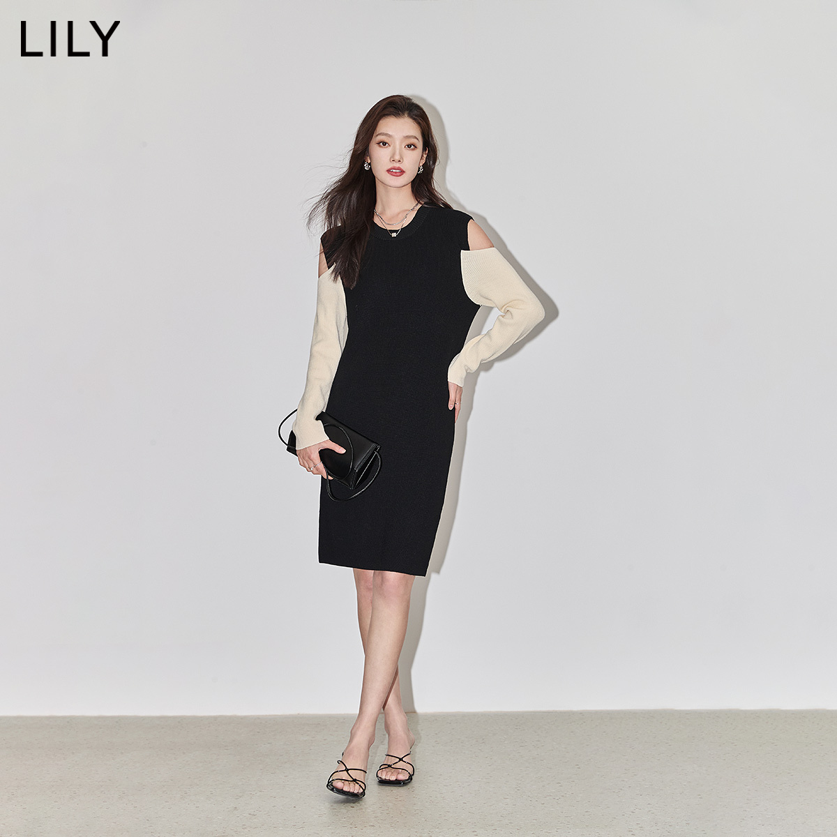 LILY2024春新款女装设计感撞色内搭中长款连衣裙女小黑裙小个子女-图2