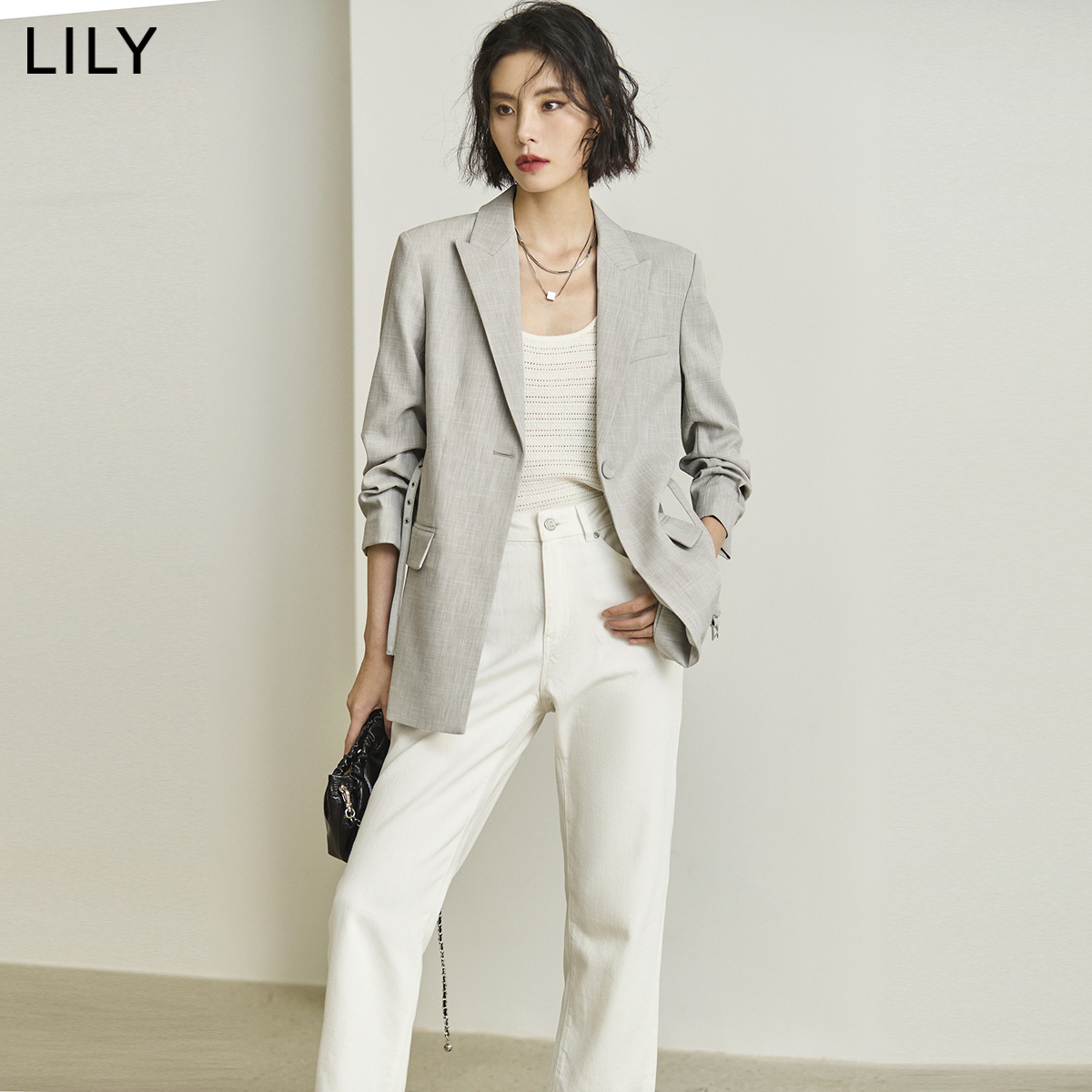 LILY2024春新款女装气质设计感腰带复古纯色通勤款休闲西装外套女