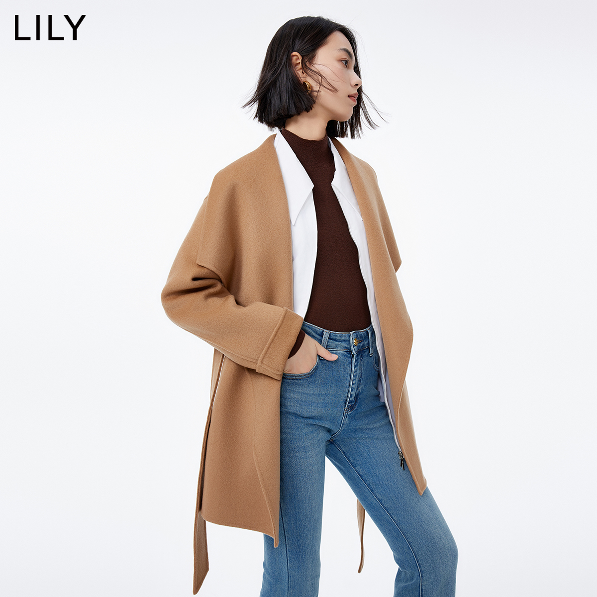 LILY2023冬新款女装100%绵羊毛气质通勤优雅毛呢外套大衣小个子女