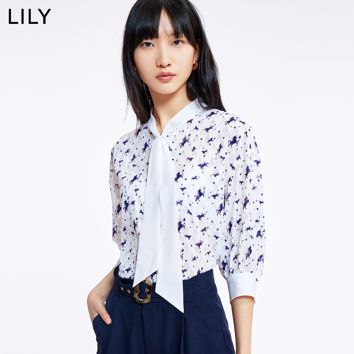 LILY2022夏新款女装可爱独角兽设计感小众优雅飘带宽松垂感雪纺衫 - 图0