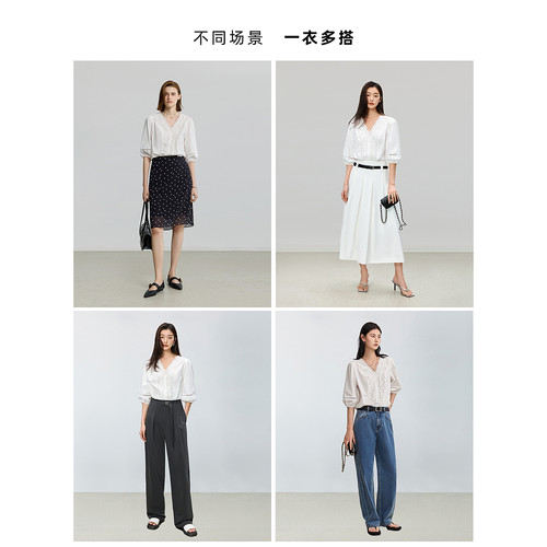 LILY初秋新款女装全棉法式掐腰蕾丝白色上衣泡泡短袖套头雪纺衬衫 - 图2