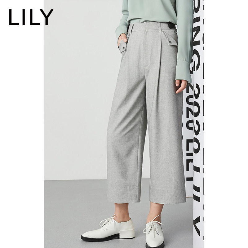 lily2020春新款女装帅气花灰阔腿裤 lily京平休闲裤
