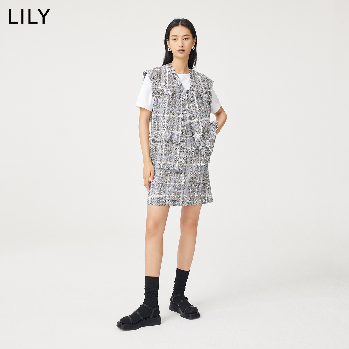 【商场同款】LILY2022秋新款女装复古优雅气质显瘦A字高腰半身裙 - 图1