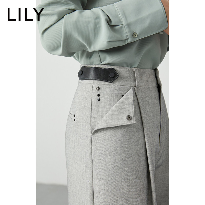 lily2020春新款女装帅气花灰阔腿裤 lily京平休闲裤