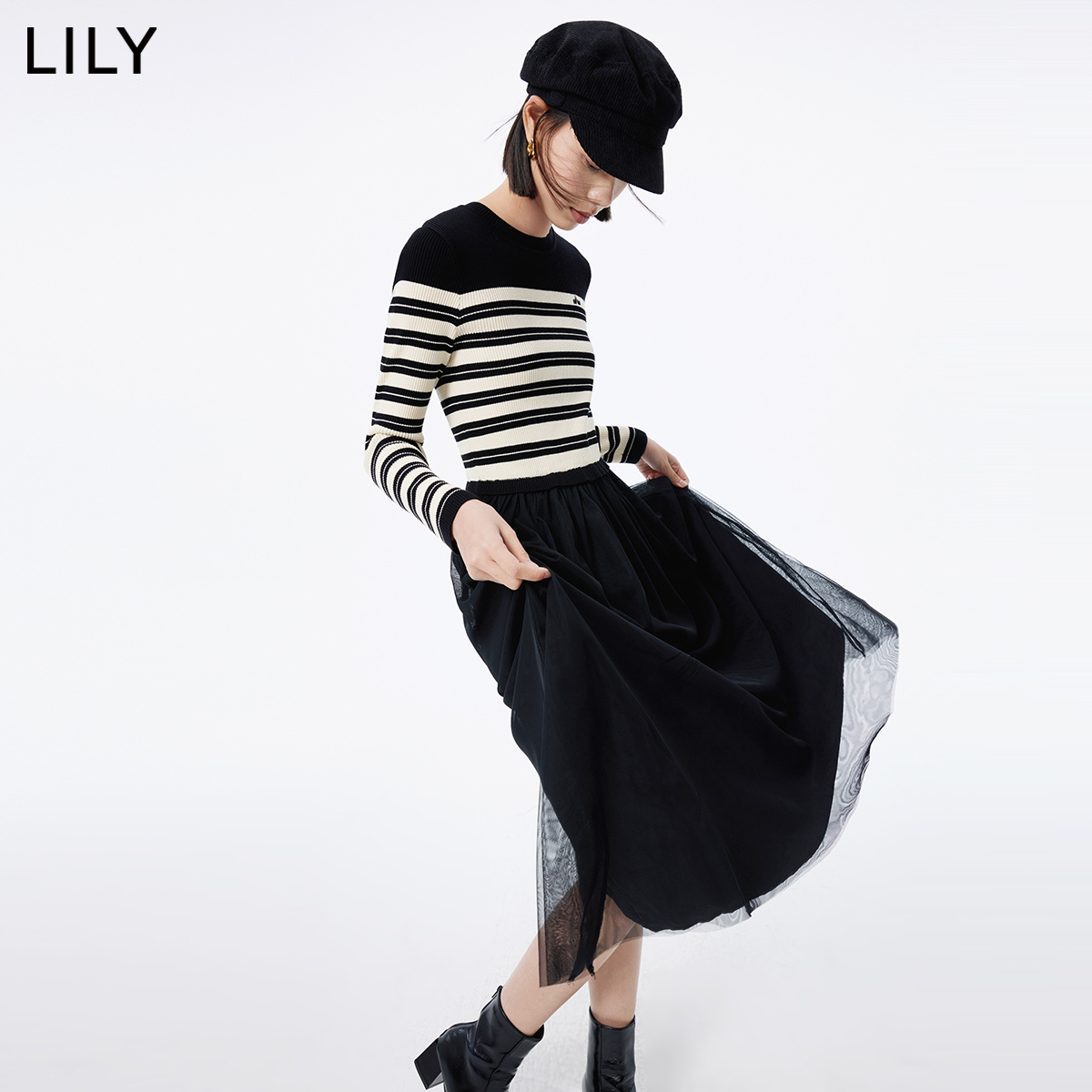 LILY2023冬新款女装气质复古条纹假两件优雅高腰通勤连衣裙小黑裙-图2