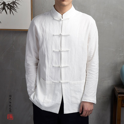 中国风男汉服爷爷唐装佛系男装禅服棉麻衬衫复古中式传统民国服装 - 图0