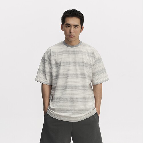 TOPTIER BRO 300g人棉混纺条纹T恤男夏季小领口宽松舒适休闲短袖 - 图1