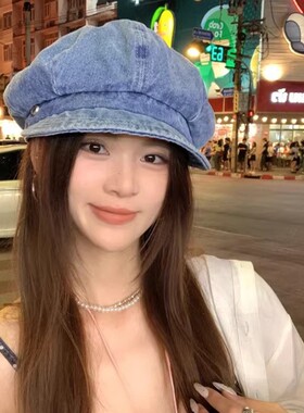 日本RX水洗牛仔八角帽百搭街头鸭舌帽子女大头围复古遮阳防晒帽