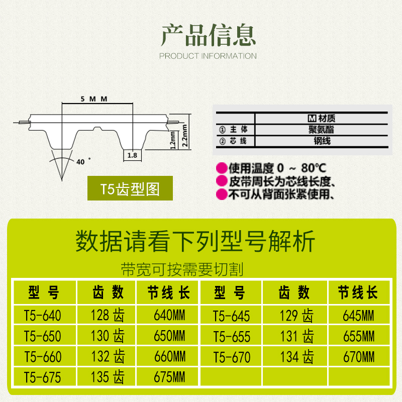 PU钢丝同步带T5-640 T5-645 T5-650 T5-655 T5-660 T5-670 T5-675 - 图1