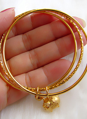 新款镀18K黄金手镯三生三世时尚女款铃铛实心小猪沙金手环不掉色