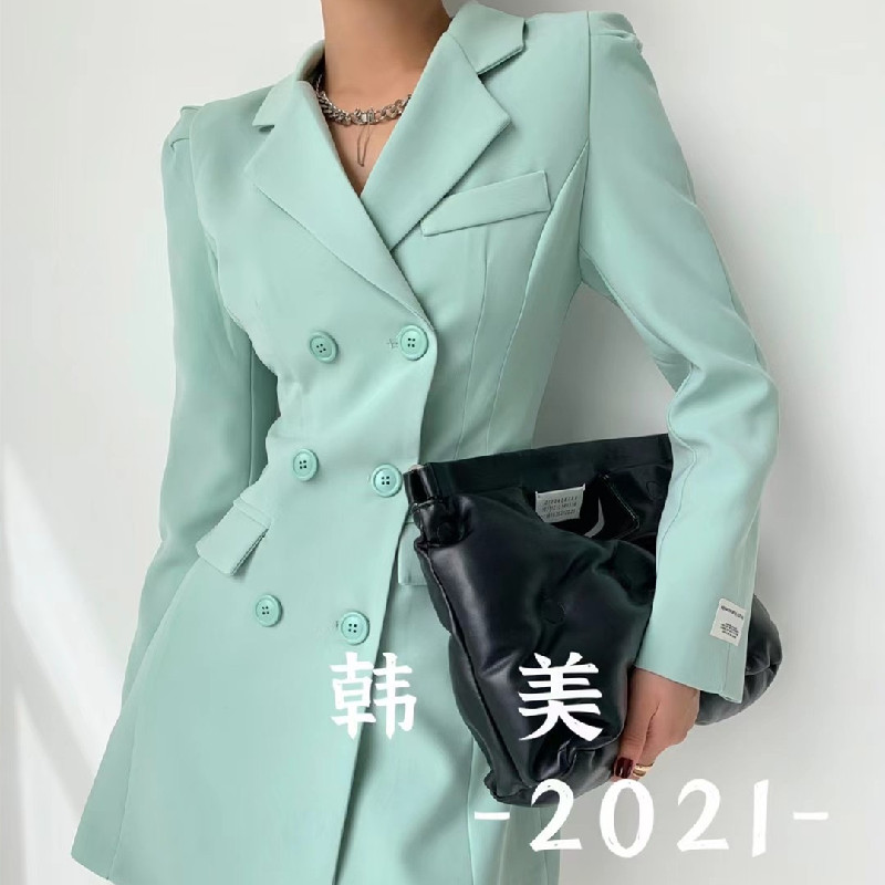 韩美2023春装新款女装泡泡袖西装连衣裙OL气质收腰显瘦长袖裙子-图0