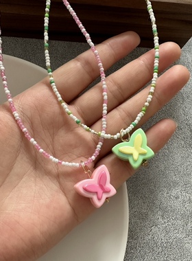 多巴胺彩色小米珠蝴蝶项链