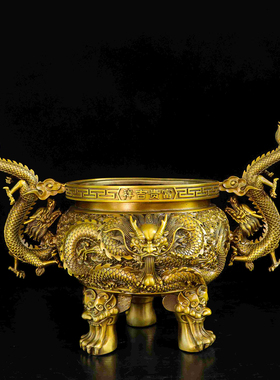 纯黄铜五龙香炉摆件圆底炉