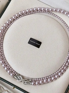 玫瑰紫色施家珍珠项链女双层叠戴轻奢小众锁骨链高级感秋冬毛衣链