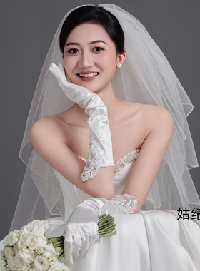 法式新娘白色蕾丝中长款婚纱手套