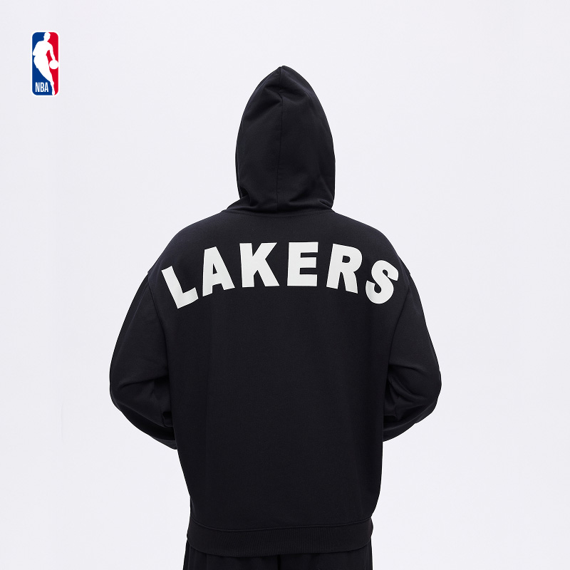 NBA官方正品湖人秋冬新款男女同款黑色保暖纯棉连帽长袖厚卫衣 - 图0