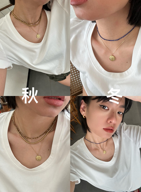 734法国小众彩色天然石串珠项链钛钢不掉色