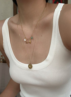 法式复古哑光钛钢海星贝壳吊坠天然淡水珍珠精致短款项链锁骨链