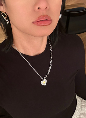 734爱心钛钢毛衣链项链耳环套装银色韩版复古竖纹百搭爱心锁骨链