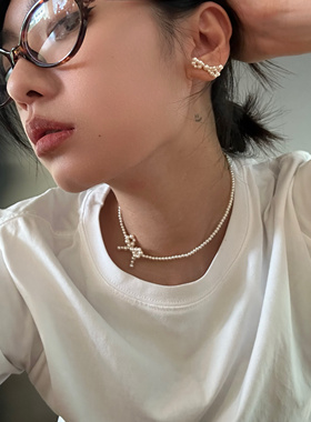 蝴蝶结项链白珍珠锁骨链