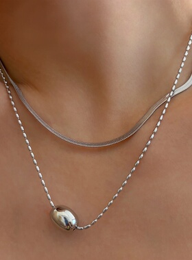 734钛钢白金色双层珠珠项链圆球蛇骨链假两件洗澡不掉色锁骨链