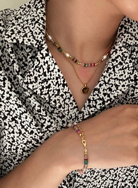 金色女虎眼石复古项链