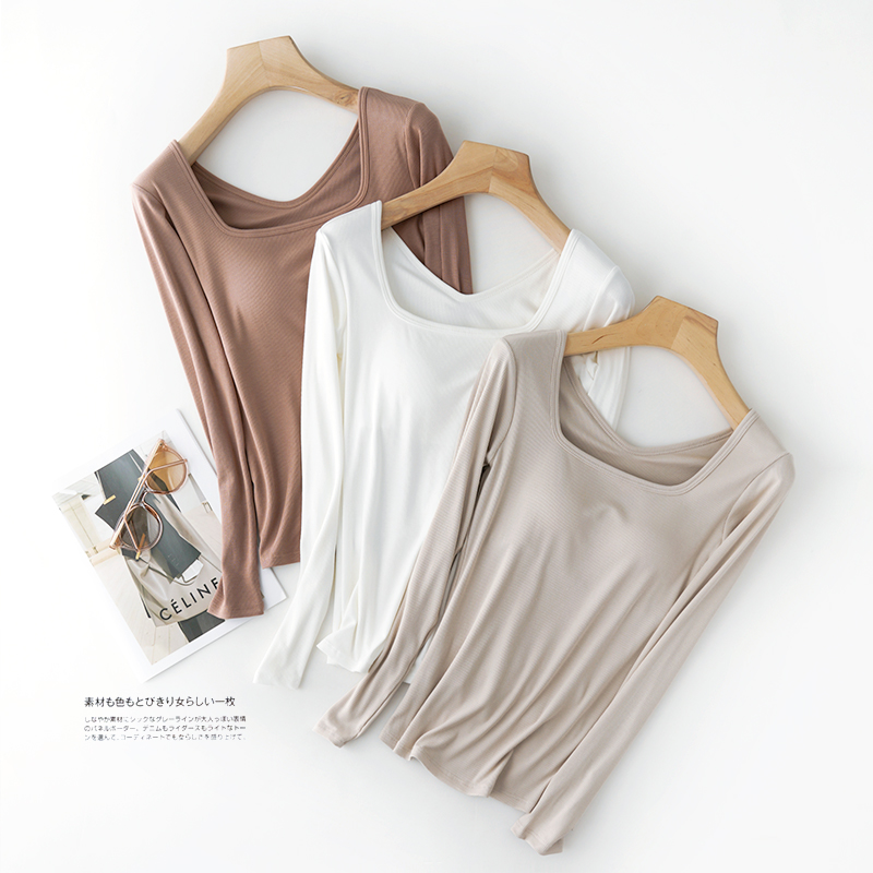 带胸垫秋衣女内穿保暖衣打底衫内衣女薄款内搭单件方领上衣可外穿 - 图0