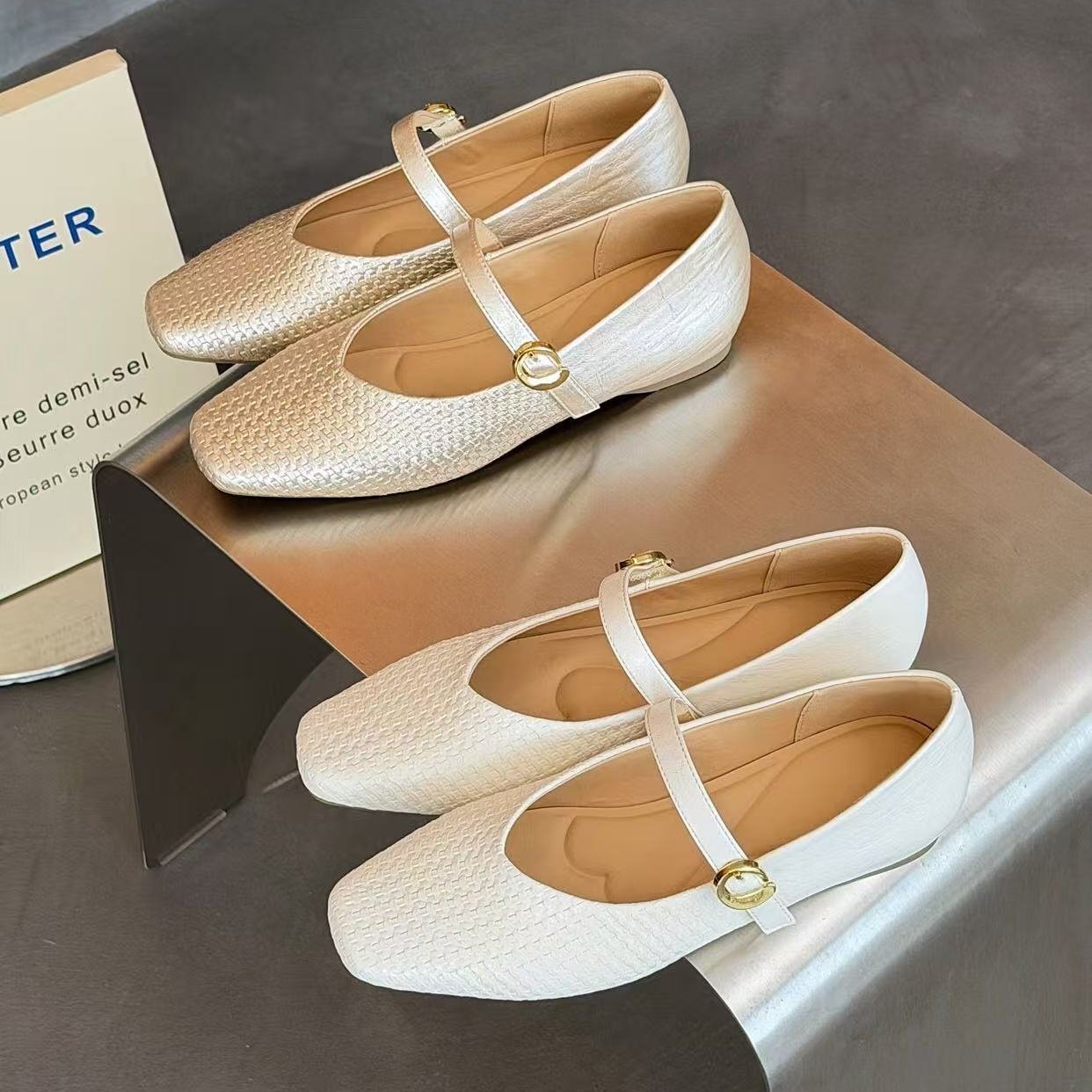 18法式复古风方头玛丽珍鞋女2026年春季新款编织纹理平底百搭单鞋,淘宝优惠券,粉丝福利购,淘宝优惠卷