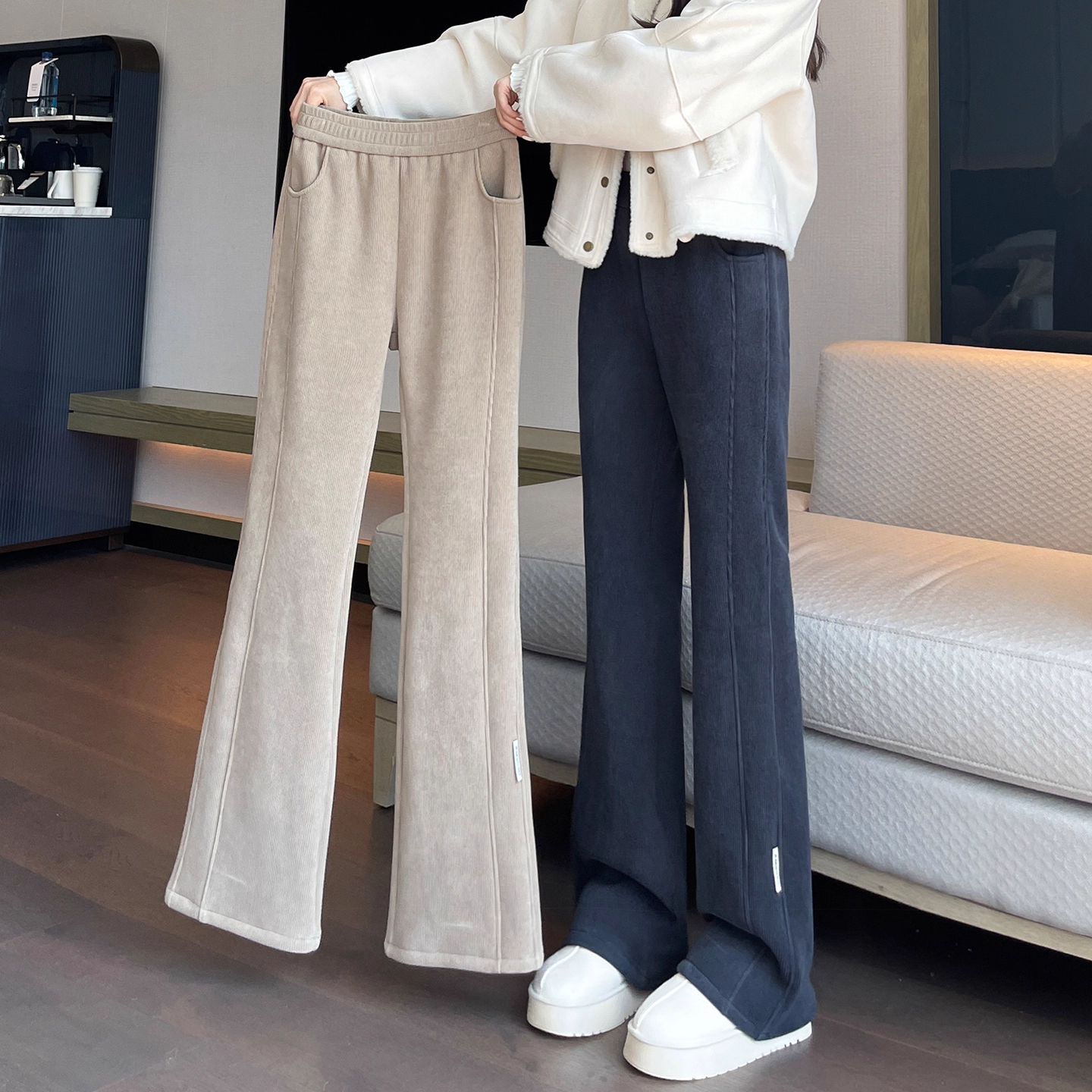 清仓捡漏加绒加厚微喇叭裤女秋冬女士保暖羊羔绒灯芯绒直筒棉裤子 - 图2