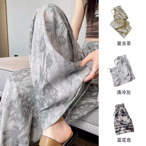 清仓捡漏棉麻直筒裤女夏季薄款印花宽松慵懒风天丝亚麻山本阔腿裤 - 图1