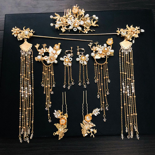 新娘头饰中式汉服古装金色龙凤褂秀禾服配饰凤冠霞帔发饰结婚饰品 - 图3