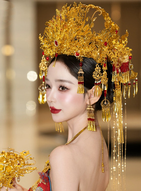 出租中式婚礼秀禾头饰红金色面帘凤冠新娘龙凤褂敬酒礼服汉服发饰