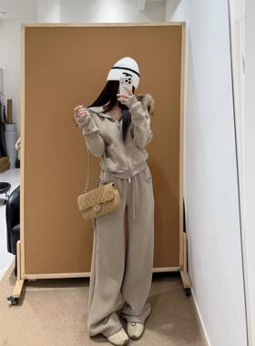 2026秋冬新款女装连帽拉链真毛领卫衣套装两件套女宽松休闲九米