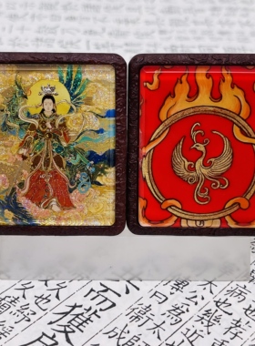 双面洒金手绘九天玄女+纯手绘玄鸟枣木唐卡道牌镶银南斗北斗