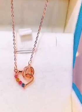 天然巴西碧玺项链心心相印吊坠925银一体链时尚百搭多彩宝石女款